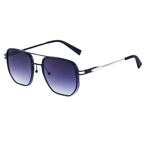 Men's square aviator sunglasses with blue metal double bridge frame and gradient lenses