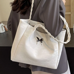 Women Pleated PU Leather Tote Bag Large Capacity Single Shoulder Bag With Metal Butterfly Ornament Woven Straps Sweet Cool Niche Design