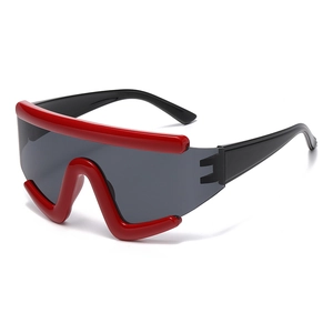 Futuristic red sports sunglasses with grey shield lens for outdoor cycling and racing