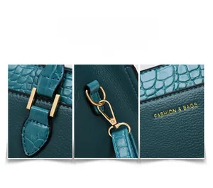 Detail of dark green tote with crocodile and lychee leather textures and gold hardware