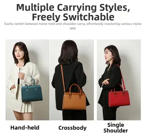 Three-way carry demonstration showing handbag as hand-held, cross-body and shoulder bag
