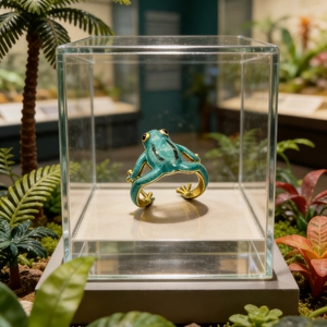 Detailed view of frog hug ring with green enamel finish in a tropical display case