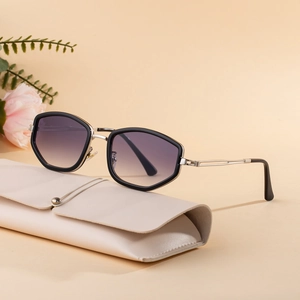 Square metal frame sunglasses with gradient lenses and cream leather storage case