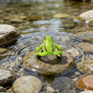 Close-up of a green frog embrace ring on a stone in flowing water with ripples