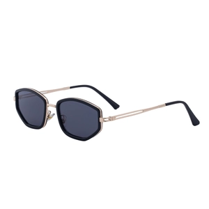 Modern black hexagonal sunglasses with golden metal temples and dark lenses for women