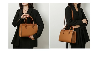 Detail of brown PU leather tote with crocodile embossed handles and metal feet base