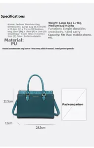 Three-piece teal tote bag set featuring crocodile texture details and size measurements