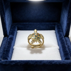 Vintage gold turtle ring with colorful enamel shell design in premium velvet gift box