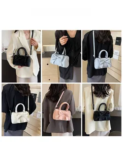 Collage of four bow-tie barrel bags shown in black, blue, white, and pink worn by a model