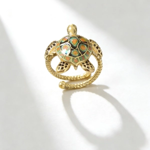 Vintage gold turtle ring with colorful enamel shell and adjustable woven band