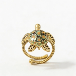 Vintage gold turtle ring with colorful enamel shell and twisted rope band