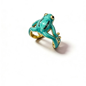 Golden frog embrace open ring featuring green enamel and detailed animal design