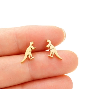Minimalist gold tiny dinosaur stud earrings for women featuring cute T-Rex animal design