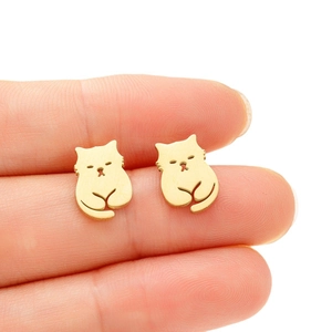 Minimalist golden cat-shaped stud earrings in brushed stainless steel for women