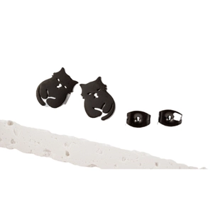Minimalist matte black stainless steel cat stud earrings for women on a stone base