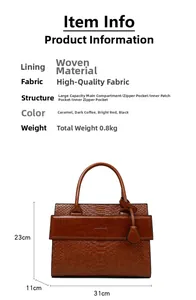 Detail view of caramel crocodile pattern handbag with dimensions 31x11x23cm and top handle