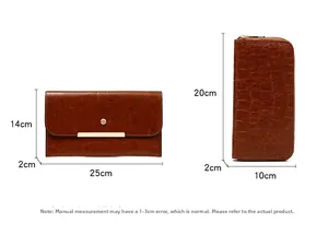 Detail view of brown crocodile embossed long wallet with golden zipper and size dimensions