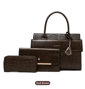 Detailed set of 3 dark coffee handbags featuring embossed crocodile and snake patterns