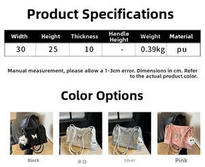 Infographic showing PU tote bag specs and four colors with metal butterfly detail
