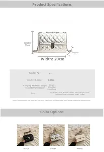 Detail showing dimensions and structure of quilted PU leather chain bag with silver lock