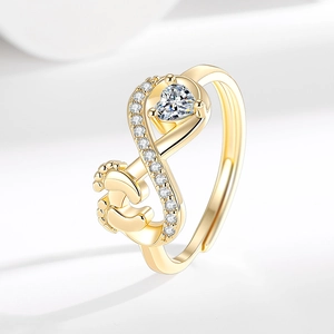 Adjustable gold infinity ring with heart zircon and baby footprints for women