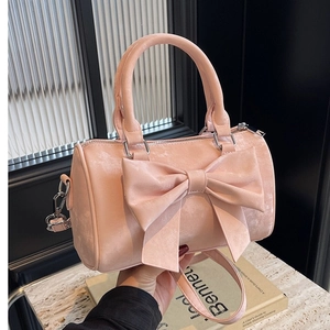 Women PU Leather Cylinder Crossbody Bag Large Bow Decor Sweet Handbag Chic Boston Bag Top Handle Detachable Shoulder Strap