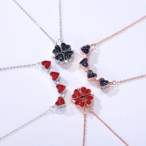Collier trèfle et cœurs magnétique modulable avec cristaux en argent et or rose brillant