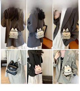 Collage of mini bow crossbody bags in silver black pink and white with metal chain straps