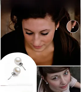 Detail of elegant round pearl earrings featuring 925 silver studs in a classic style