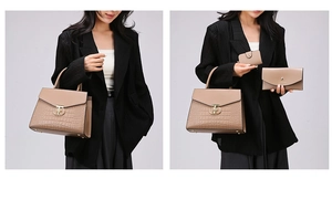 Detailed 3-piece mocha crocodile embossed bag set with satchel and matching wallets