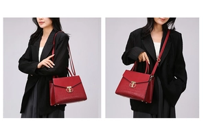 Red handbag with crocodile pattern showing handheld and crossbody styles with gold buckle