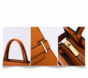 Détail du sac en cuir marron à motif litchi avec boucles dorées et fermeture éclair