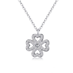 Elegant rotating necklace with a silver clover pendant featuring openwork hollow hearts