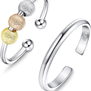 Adjustable S925 sterling silver fidget ring set with tricolor matte spinning beads