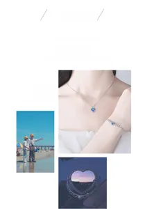 Detail of blue heart crystal necklace and bracelet set with elegant silver plating