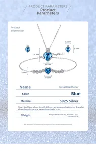 Detailed size specifications for blue heart S925 silver necklace, bracelet and earrings set