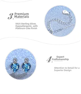 Detailed macro view of S925 sterling silver heart earrings with blue crystal inlay