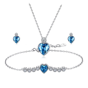 Heart Necklace Bracelet Earrings With Blue Zircon And 925 Sterling Silver Earring Post Eternal Heart Silver Plated Jewelry For Women