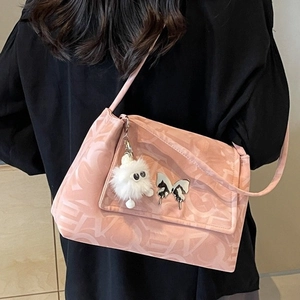 Women Shoulder Bag PU Leather Letter Print Metallic Butterfly Buckle Large Capacity Stylish Underarm Bag With Plush Pendant