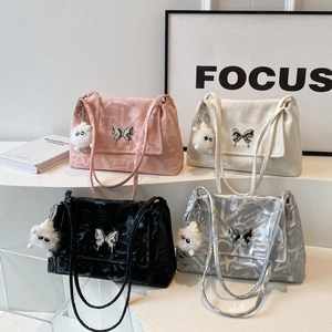 Minimalist metallic tote bags for women in pink white black silver with butterfly charm