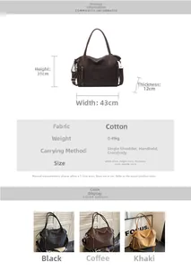 Detailed size chart and multi-color view of this large capacity canvas tote bag