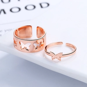 Ensemble de bagues papillon évidées en or rose avec anneaux ouverts réglables pour couples