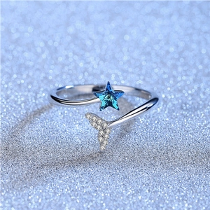 Meerjungfrauenschwanz Stern Ring Versilbert Kupfer Mit Blauem Kristall Und Zirkonia Modeschmuck Für Damen