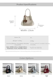Detailed spec chart showing litchi texture PU bucket bag dimensions and colors