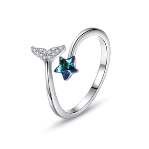 Verstellbarer Silberring mit Zirkonia-Meerjungfrauenschwanz und blauem Kristallstern