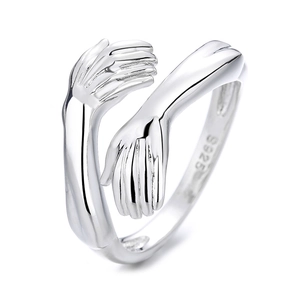 Polished S925 sterling silver open ring featuring a unique hugging hands design
