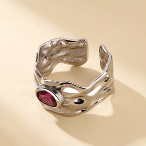 S925 sterling silver adjustable ring with lava texture and oval red zircon gemstone
