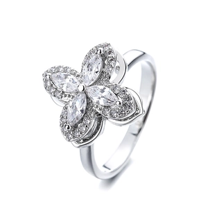 Micro-paved zircon lucky clover ring in silver-tone metal with marquise-cut accents