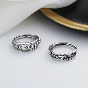 Bagues ouvertes en argent Thaï vintage pour couples avec un design perlé rétro