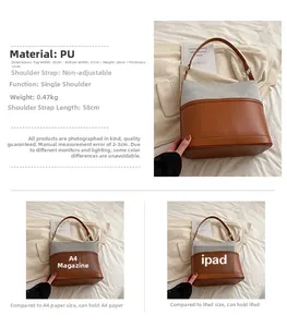 Detailed size specifications of the brown PU bucket bag with capacity comparison charts